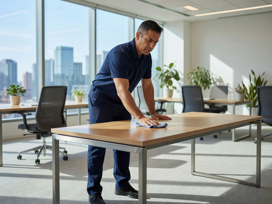 Cleaner wiping a modern office desk
