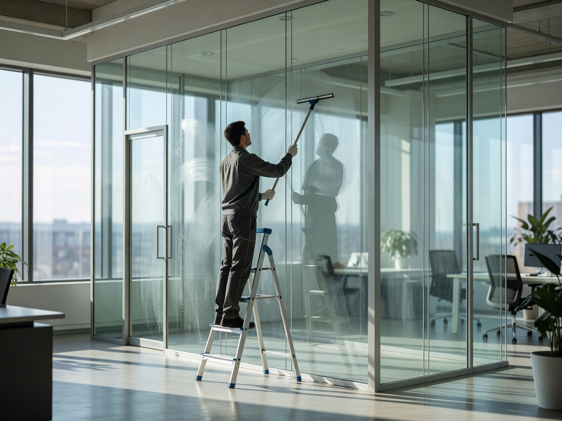 Cleaning interior office windows and glass partitions