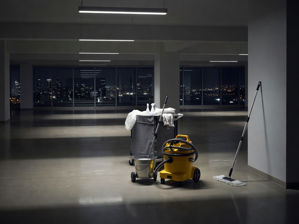 Empty office space being cleaned at night