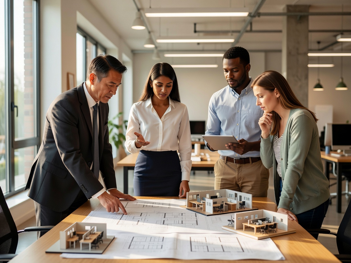 Professionals discussing workplace layout and planning