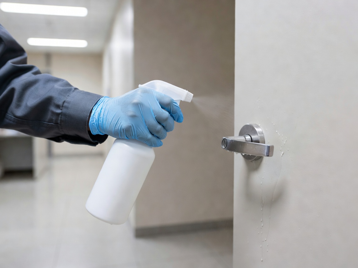 Sanitising a workplace door handle